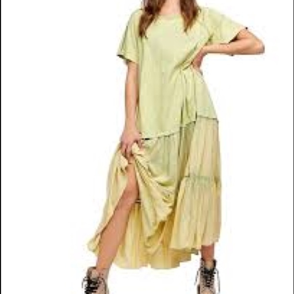 Free People Sun Fade Midi Dress Faded Ruffle Maxi Tiered Luna Moth Green XS NWT